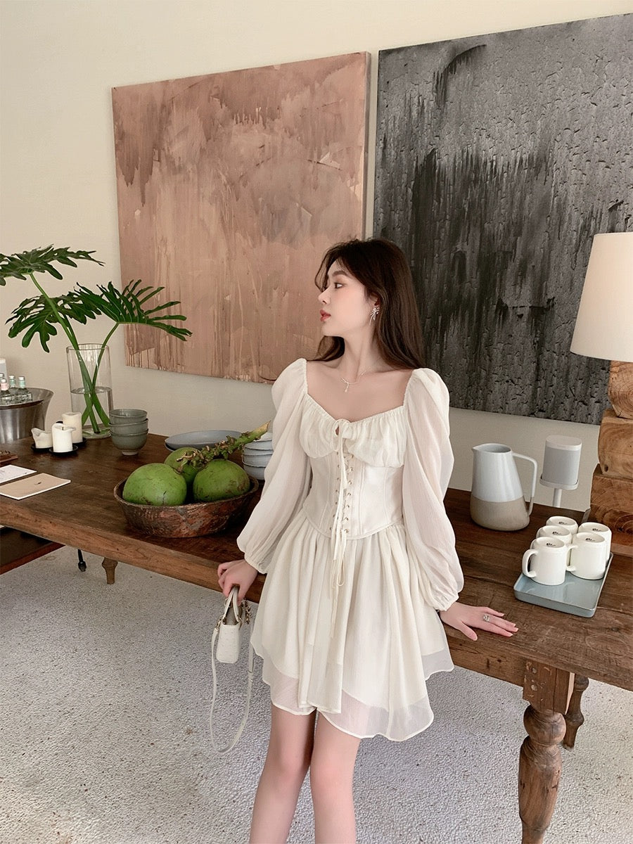 ByYou Summer French Retro Square Neck Puff Sleeve Dress Women's Strap Waist Slim Irregular Short Skirt