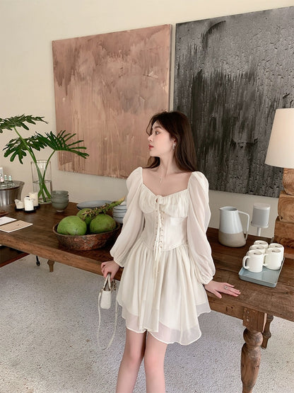 ByYou Summer French Retro Square Neck Puff Sleeve Dress Women's Strap Waist Slim Irregular Short Skirt