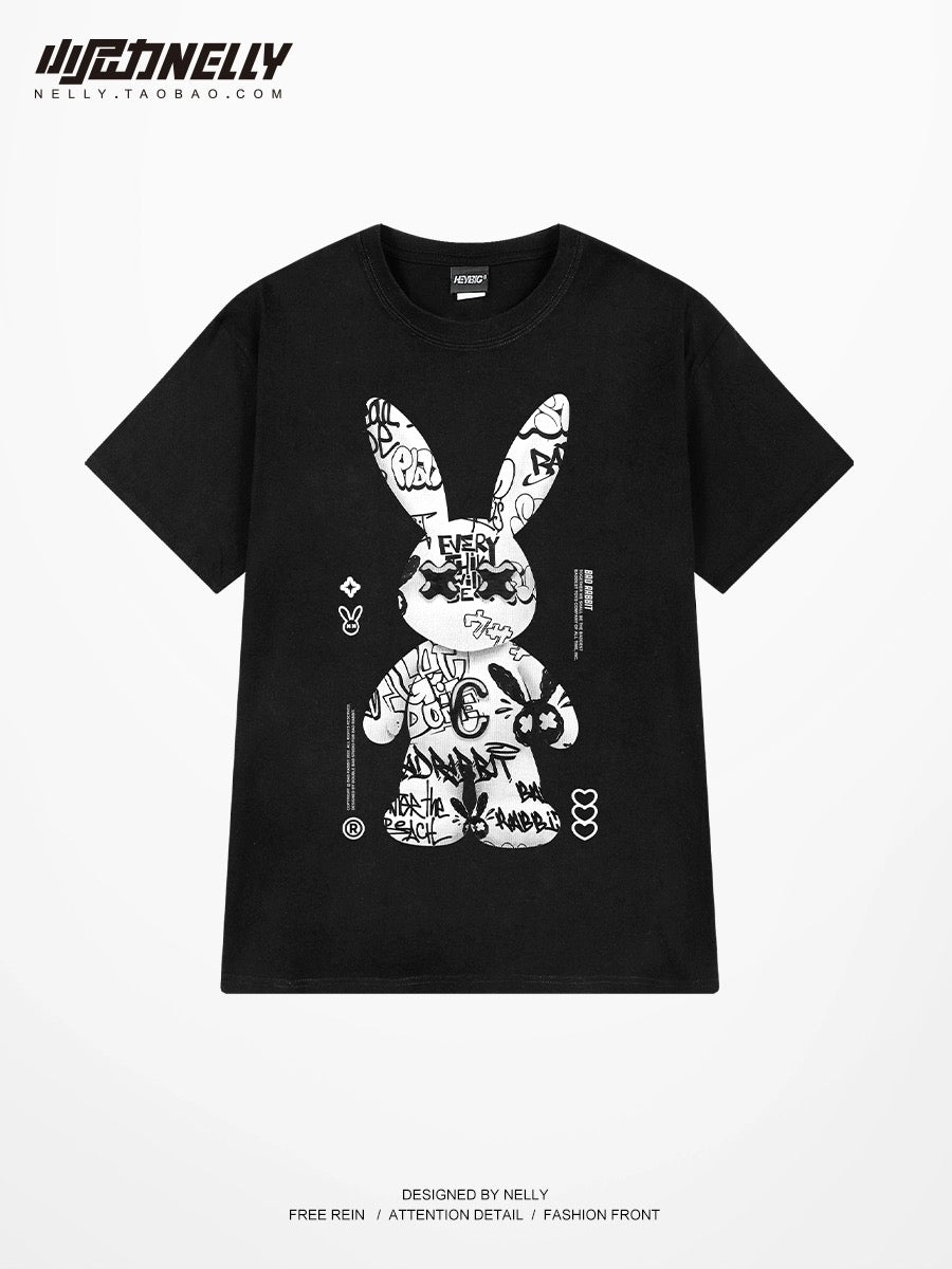 Tide brand short-sleeved t-shirt men's summer cotton 2023 new loose T-shirt American cartoon rabbit half sleeve bottoming ti