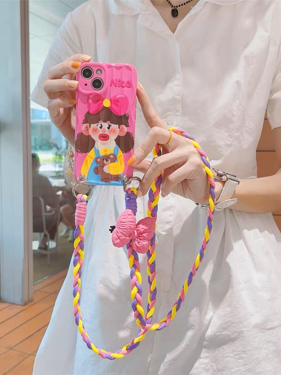 Niche rose red bow girl is suitable for iphone13/14promax Apple 14 mobile phone case new 12 cute cartoon 11 advanced 14Pro silicone 13promax Messenger strap lanyard