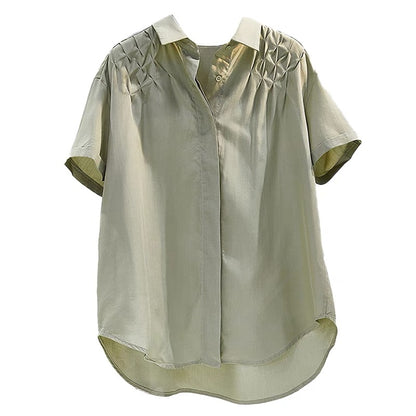 Army green handmade pleated short-sleeved shirt female 2023 summer new Korean fan art designer solid color shirt top