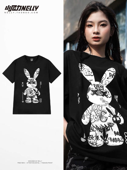 Tide brand short-sleeved t-shirt men's summer cotton 2023 new loose T-shirt American cartoon rabbit half sleeve bottoming ti