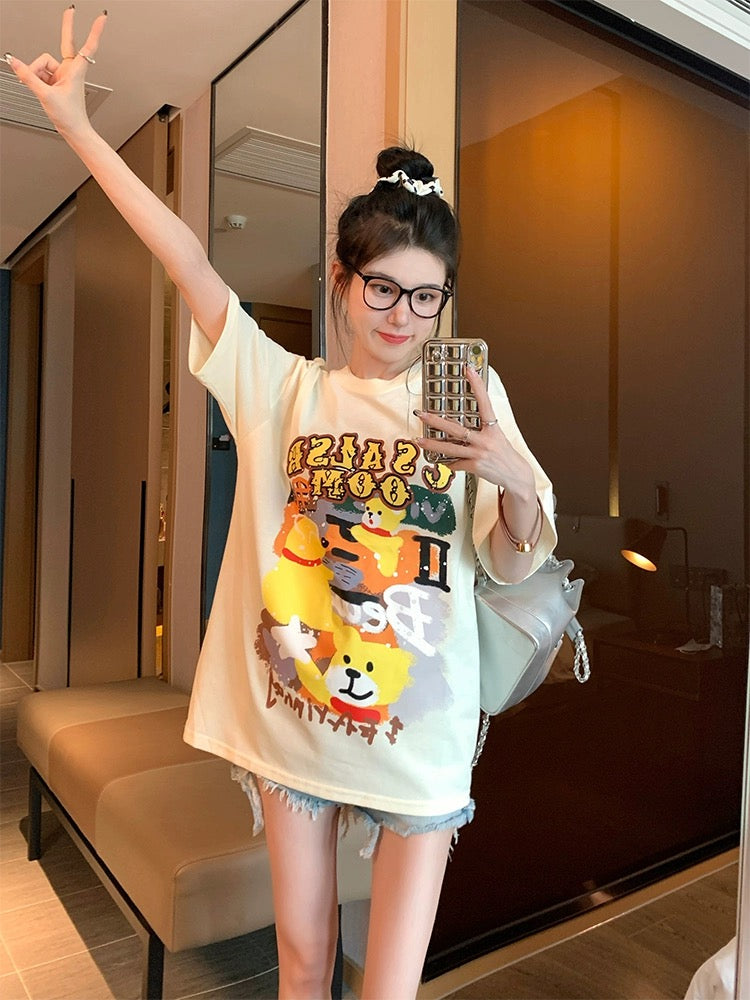 Apricot fun cartoon short-sleeved t-shirt women's summer 2023 new small foam letter cotton front shoulder top