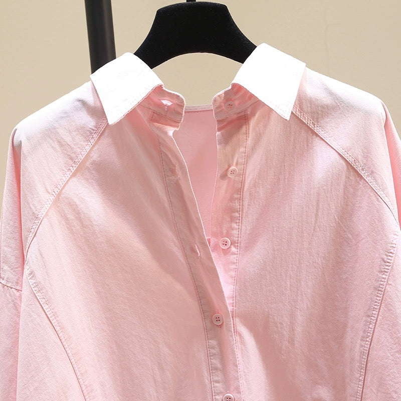 Simple fashion all-match pink shirt women 2023 autumn new Korean version loose casual mid-length shirt top