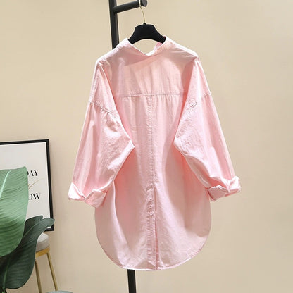 Simple fashion all-match pink shirt women 2023 autumn new Korean version loose casual mid-length shirt top