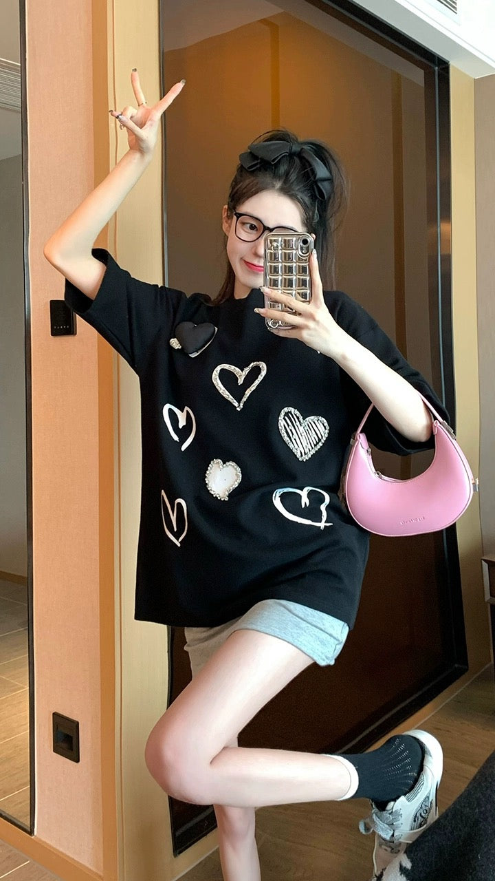 Black shoulder t-shirt women 2023 summer new loose all-match heavy hot diamond love pure cotton short-sleeved top ins