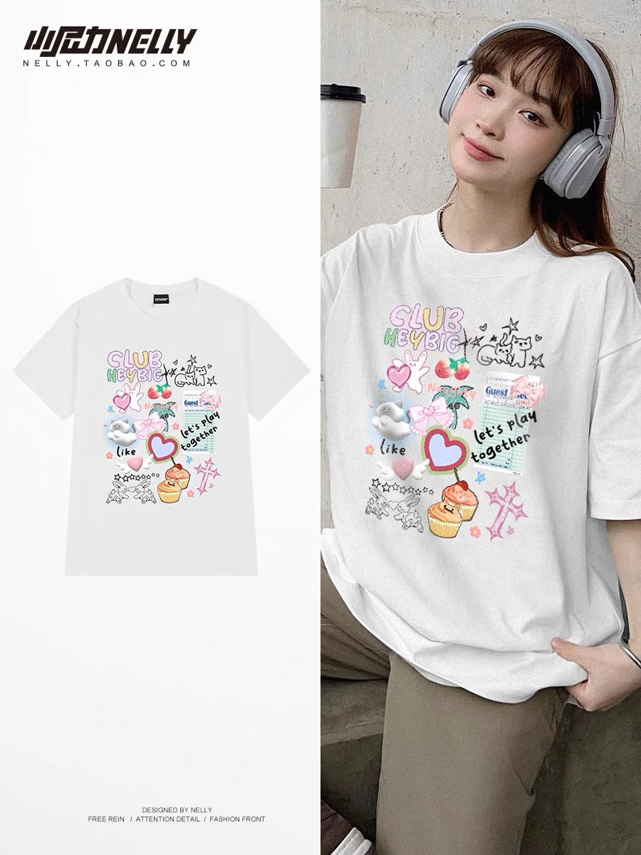 Retro Korean cartoon childlike short-sleeved t-shirt men and women 23 new summer oversize cotton design tops