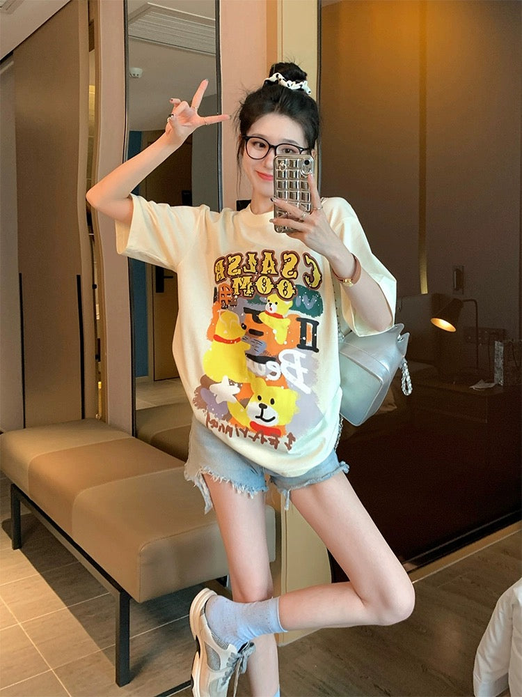 Apricot fun cartoon short-sleeved t-shirt women's summer 2023 new small foam letter cotton front shoulder top