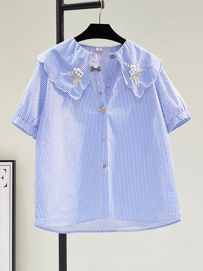 100 yuan for three pieces, contact customer service to change the price, blue doll shirt female literary and artistic three-dimensional embroidery plate flower short sleeve