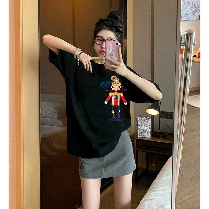 Black short-sleeved t-shirt women's summer 2023 new three-dimensional cartoon American heavy industry design sense loose cotton top