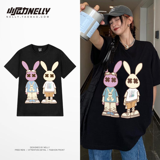 Rabbit short-sleeved t-shirt men's summer tide brand trend all-match American high street oversize five-quarter sleeve T-shirt