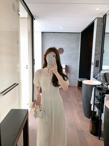 ByYou Summer Beige Puff Sleeve Chiffon Dress Women's Knitted Stitching Waist Mid-length Pleated Skirt