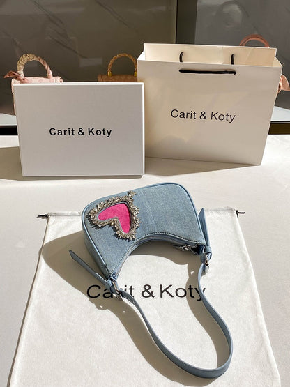 Carit Koty popular denim bags this year 2023 new French niche rhinestone armpit bag women's sense of luxury