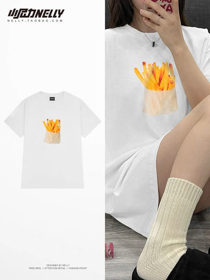 Ins original tide brand oversize realistic French fries printing vintage vintage couple short-sleeved T-shirt cotton bf