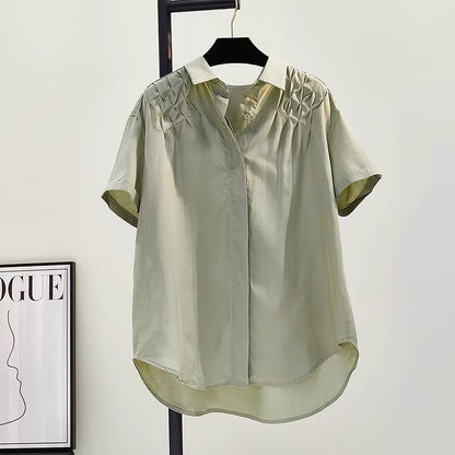 Army green handmade pleated short-sleeved shirt female 2023 summer new Korean fan art designer solid color shirt top