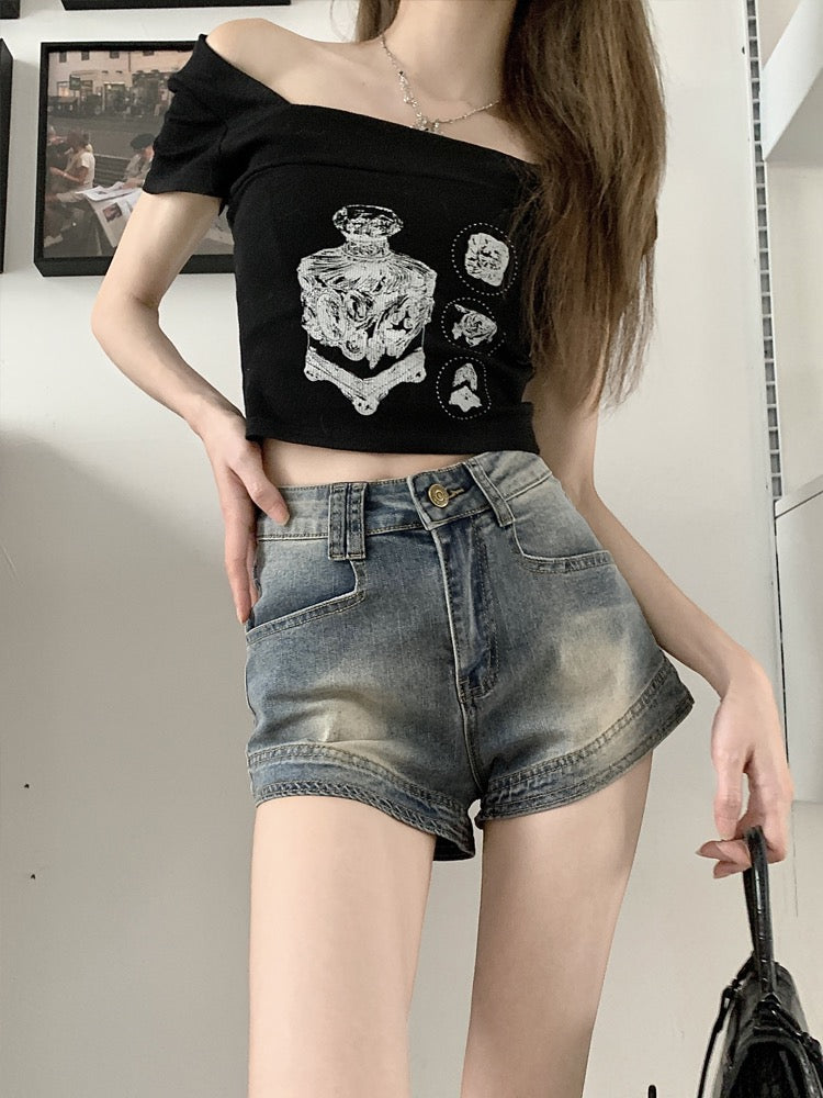 Small black jeans summer hot girl high waist thin A-line hot pants