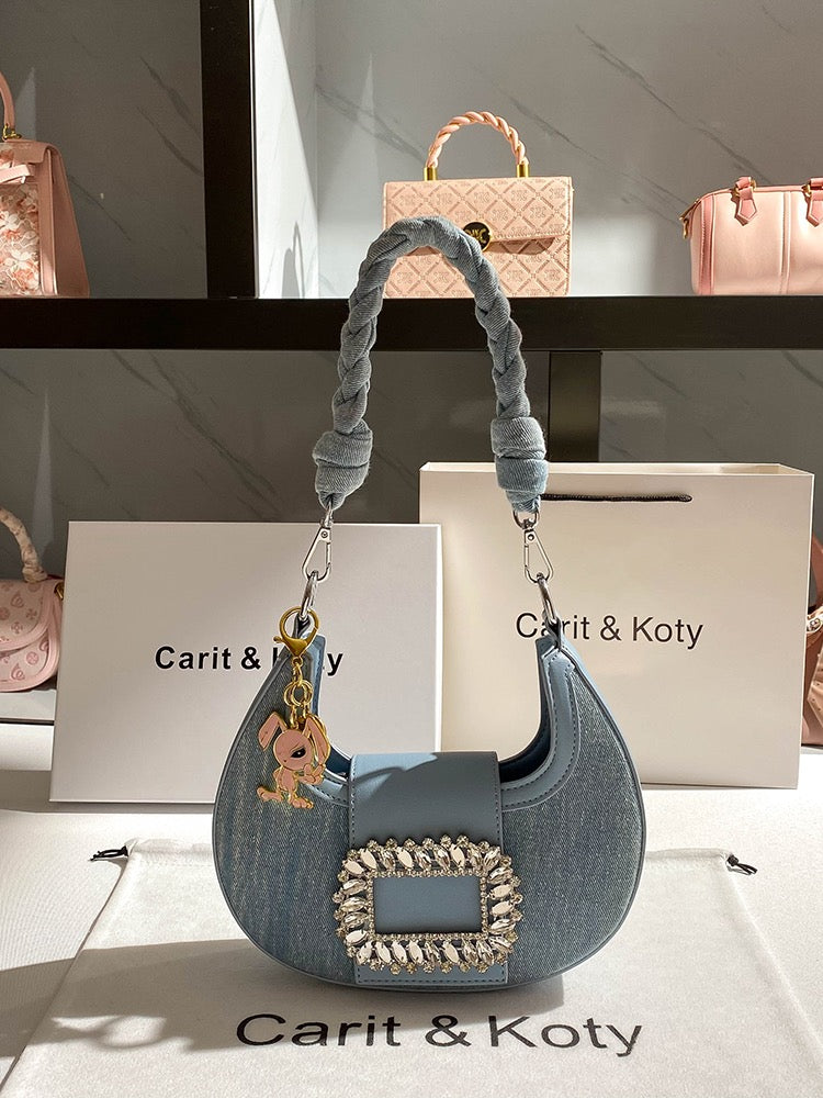 Carit Koty high-end rhinestone underarm bag women's 2023 new niche woven denim crescent bag