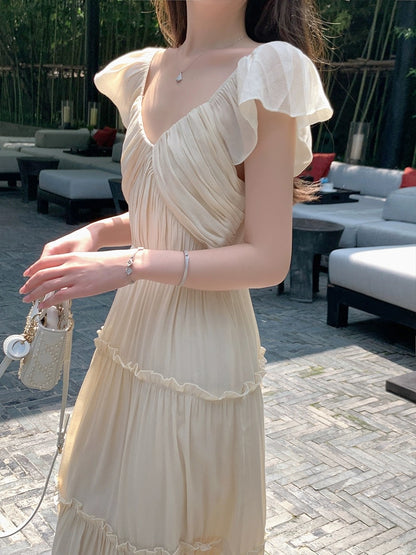 ByYou summer new apricot tencel V-neck dress femininity waist pleat mid-length fairy skirt