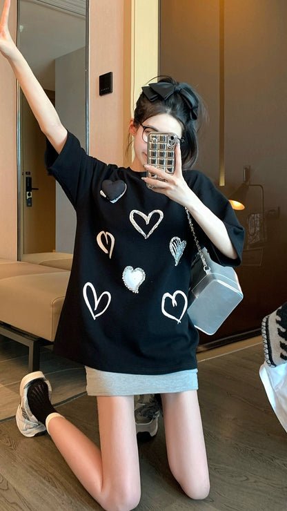 Black shoulder t-shirt women 2023 summer new loose all-match heavy hot diamond love pure cotton short-sleeved top ins