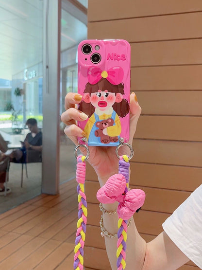 Niche rose red bow girl is suitable for iphone13/14promax Apple 14 mobile phone case new 12 cute cartoon 11 advanced 14Pro silicone 13promax Messenger strap lanyard