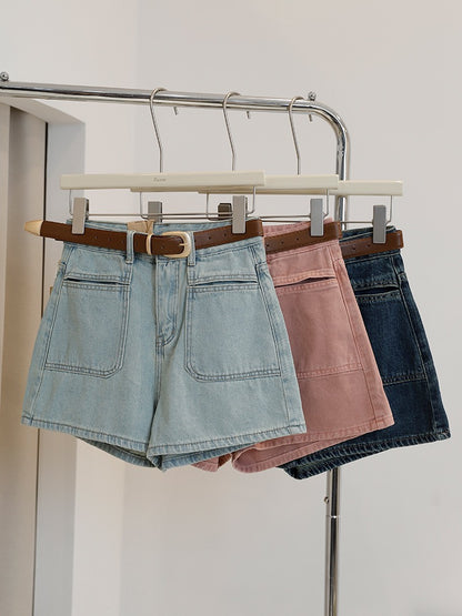 Dirty pink denim shorts women's high waist and thin summer thin section 2023 new washed hot girl a-line wide-leg hot pants