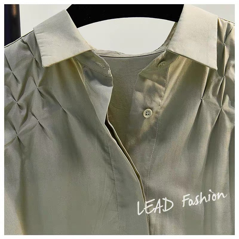 Army green handmade pleated short-sleeved shirt female 2023 summer new Korean fan art designer solid color shirt top