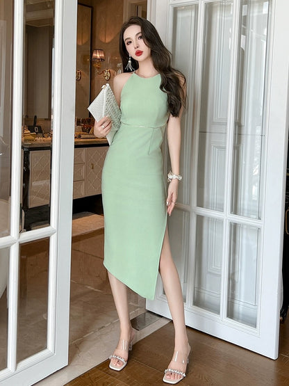 Light and familiar style sleeveless halter neck dress commuting retro design feeling niche light luxury slim slim package hip suspender skirt