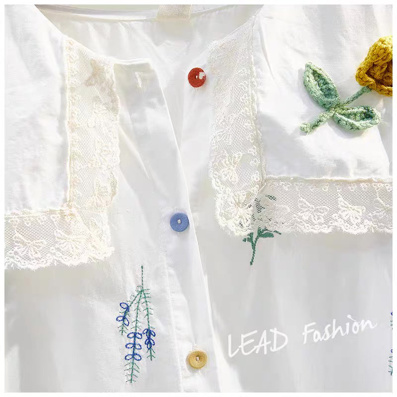 100 yuan, three pieces, contact customer service to change the price, white embroidered lapel short-sleeved doll shirt short-sleeved age-reducing shirt