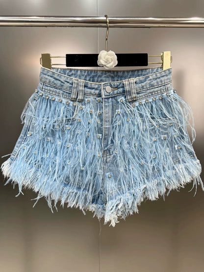 Grapefruit MM 2023 summer ostrich feather decoration inlaid diamond raw edge pure desire ins wind heavy industry thin denim shorts