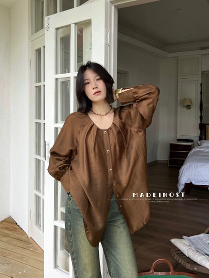 MADEINOST original high-quality thin section micro-permeable gloss decorative button round neck pleated long-sleeved shirt early autumn