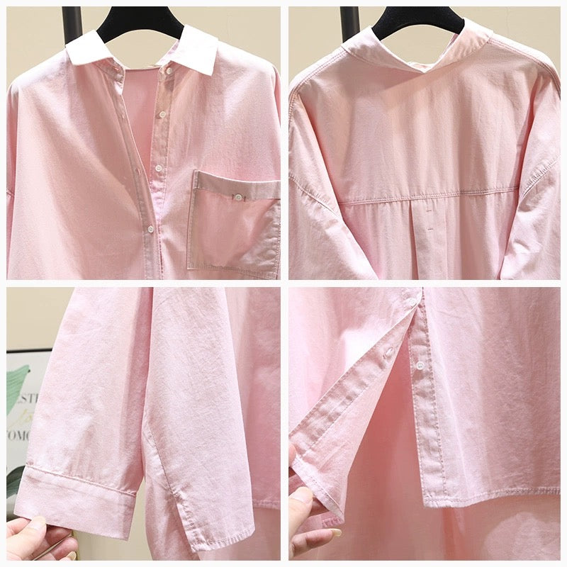 Design sense niche mid-length pink shirt female 2023 autumn new Korean version loose lazy wind shirt top