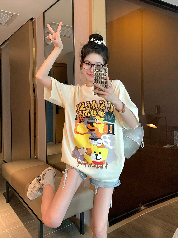 Apricot fun cartoon short-sleeved t-shirt women's summer 2023 new small foam letter cotton front shoulder top