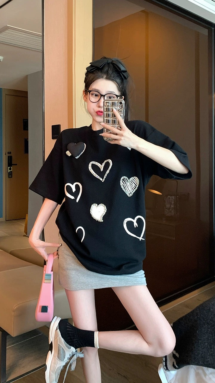 Black shoulder t-shirt women 2023 summer new loose all-match heavy hot diamond love pure cotton short-sleeved top ins