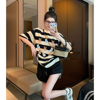 Striped short-sleeved t-shirt women's summer 2023 new American style retro foreign style age reduction loose print shoulder top ins