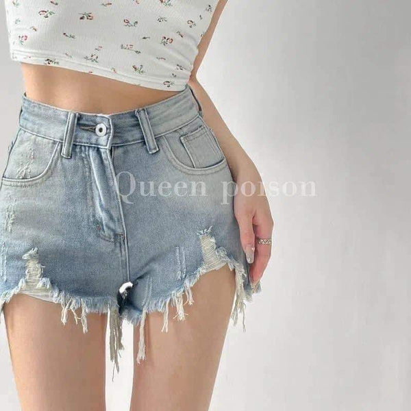 Jeans women's summer Korean style denim shorts women's high waist slimming  a-line loose raw edge hot pants