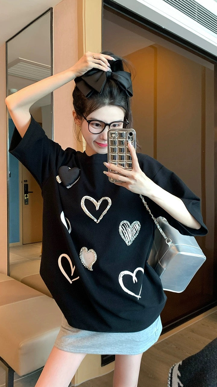 Black shoulder t-shirt women 2023 summer new loose all-match heavy hot diamond love pure cotton short-sleeved top ins