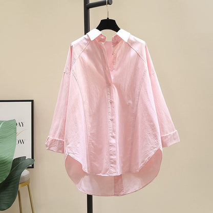 Simple fashion all-match pink shirt women 2023 autumn new Korean version loose casual mid-length shirt top