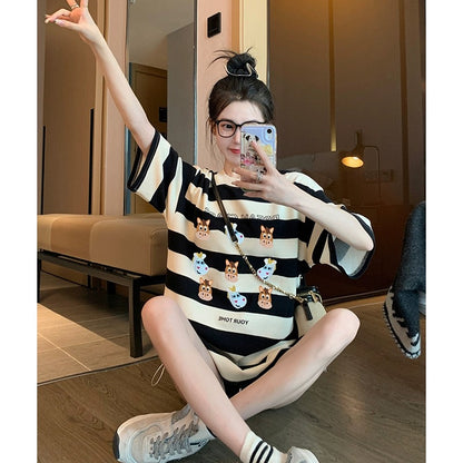 Striped short-sleeved t-shirt women's summer 2023 new American style retro foreign style age reduction loose print shoulder top ins