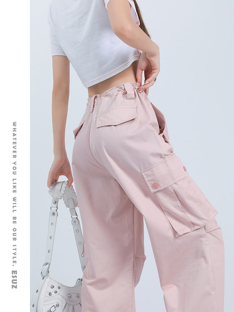 Pink high waist overalls women 2023 summer thin section loose and
