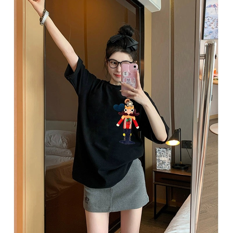 Black short-sleeved t-shirt women's summer 2023 new three-dimensional cartoon American heavy industry design sense loose cotton top