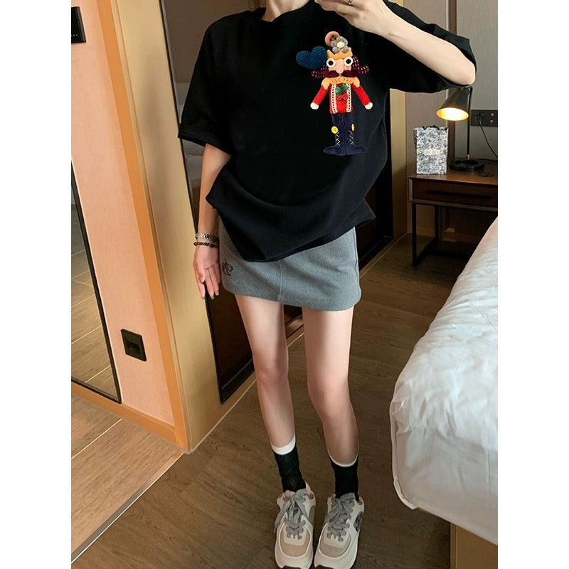 Black short-sleeved t-shirt women's summer 2023 new three-dimensional cartoon American heavy industry design sense loose cotton top