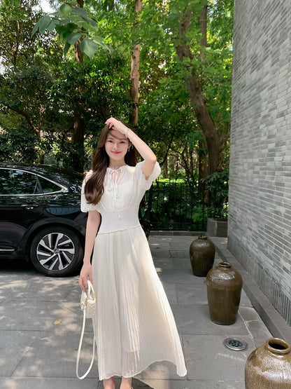 ByYou Summer Beige Puff Sleeve Chiffon Dress Women's Knitted Stitching Waist Mid-length Pleated Skirt