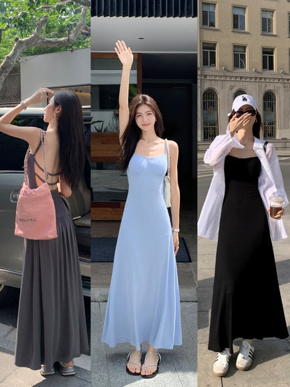 MULVAN suspender skirt with chest pad female summer vacation style sexy slim hot girl backless dress a-line long skirt