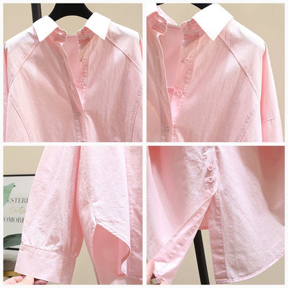 Simple fashion all-match pink shirt women 2023 autumn new Korean version loose casual mid-length shirt top