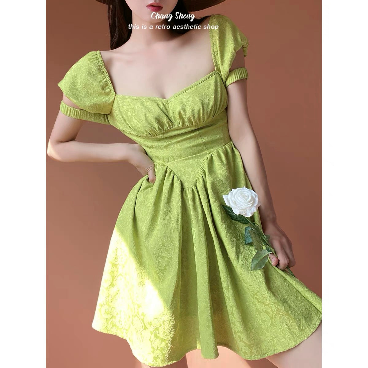 (Pre-Order) CHANGSHENG 4/12 20:00 Green Rattan Flower Mustard Green Pure Desire Dress Puff Sleeves Square Neck Tutu Skirt