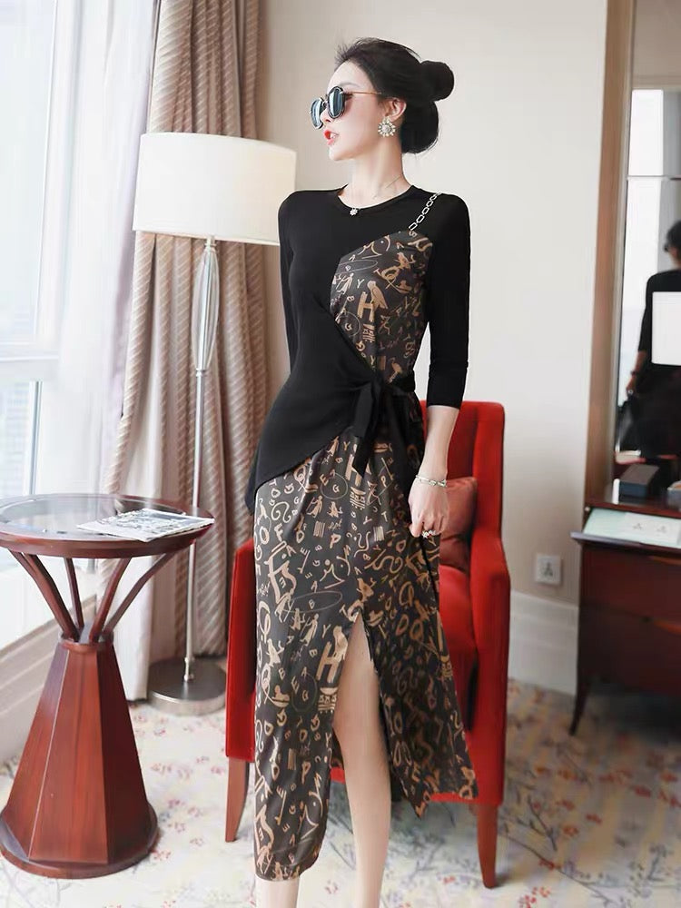 Temperament casual dress summer female 2022 new ladies chic stitching lace waist slim slit skirt