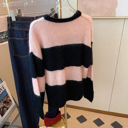 Black powder contrast color Korean style lazy style striped sweater women's 2022 autumn and winter wear new gentle loose knitted top