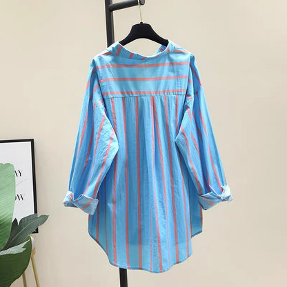 Contrast color striped shirt women's 2022 early spring new Korean version loose casual mid-length shirt long-sleeved top coat