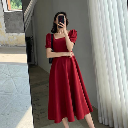 FT GUOGE red dress women's 2022 summer dress new square collar French retro temperament puff sleeves engagement dress