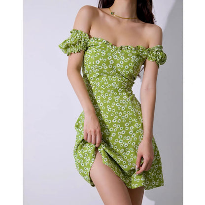 French fresh girl elastic one word shoulder waist slim dress female summer green pastoral floral A-line skirt